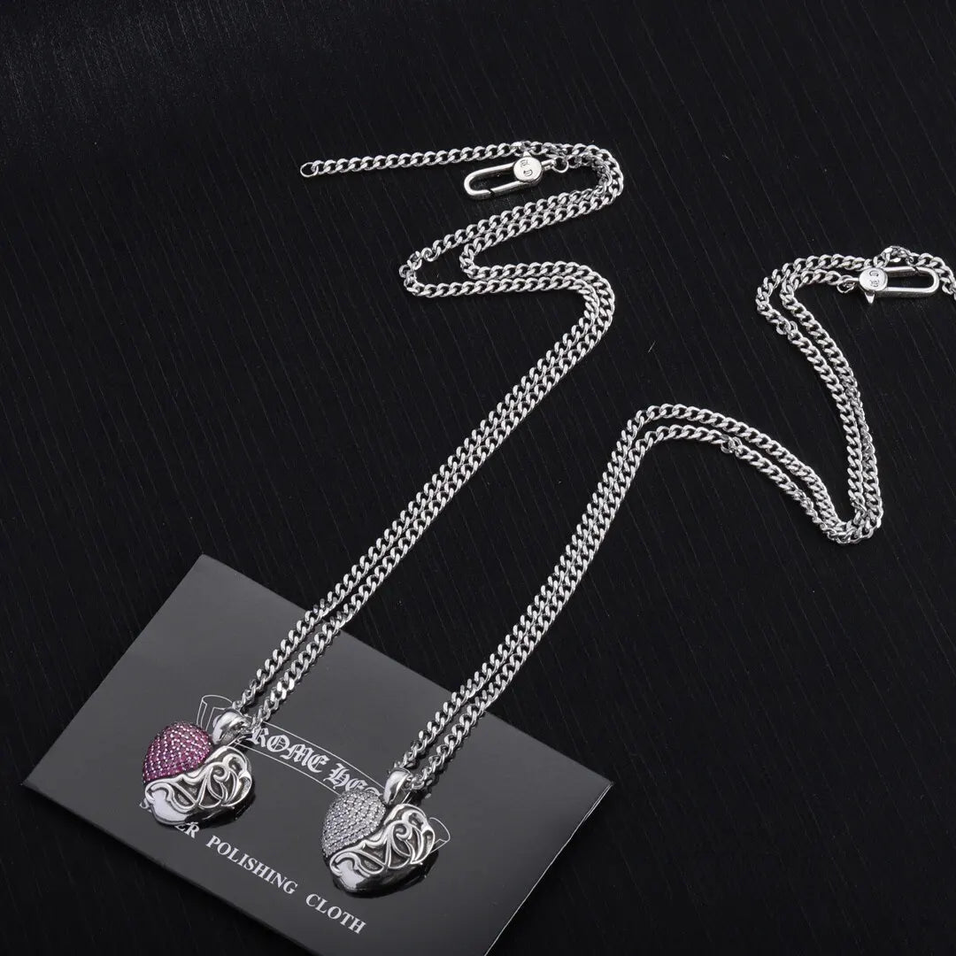 Chrome Hearts Silver Heart Pendant - Pink & Clear Crystal