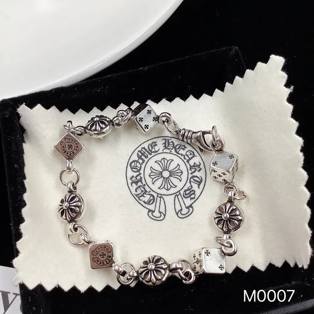 Premium Silver Dice & Floral Bracelet - M0007