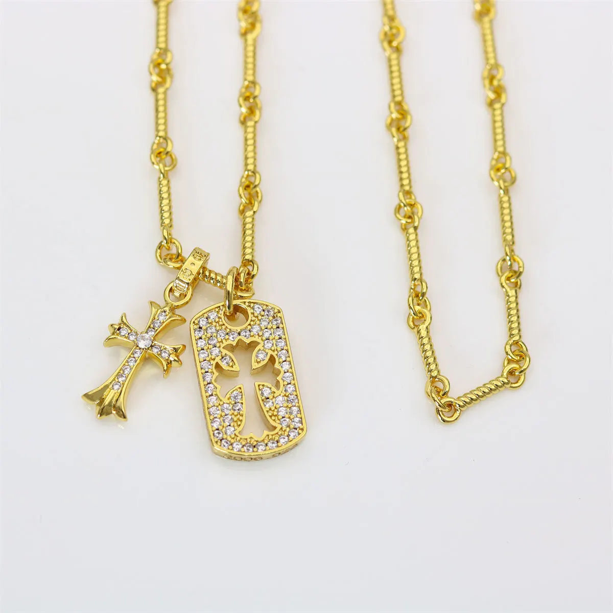 Gold Cross Dog Tag Necklace - CZ Paved Pendants