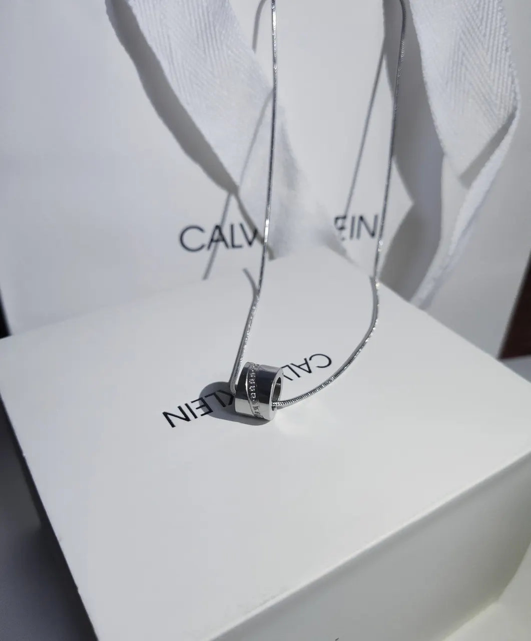 Calvin Klein Silver Cylinder Necklace - Crystal Accent