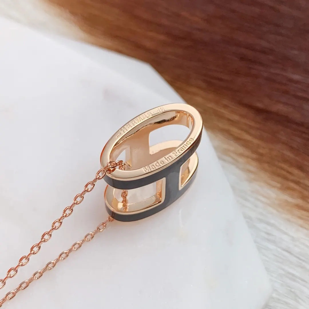 Hermès Rose Gold H Necklace - Hermès Rose Gold & Black Enamel H