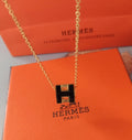 Hermes Black Enamel Necklace - Hermes Black Enamel Gold H Pendant