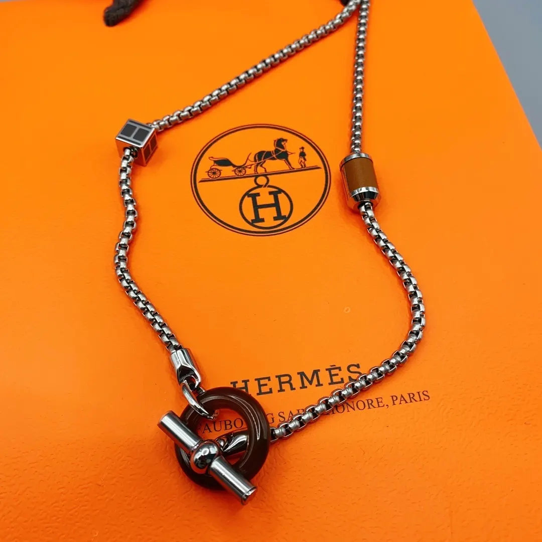 Hermès Silver Toggle Necklace - Hermès Silver & Brown Toggle Necklace