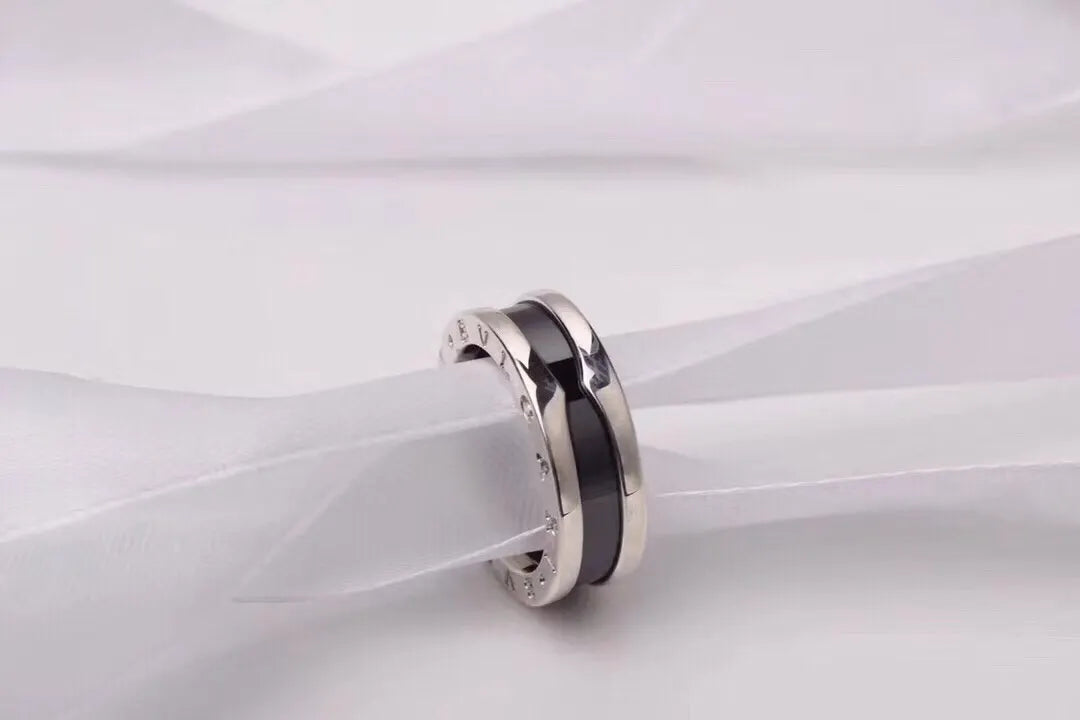 Bvlgari Silver Black Ceramic Ring - Iconic B.Zero1 Design
