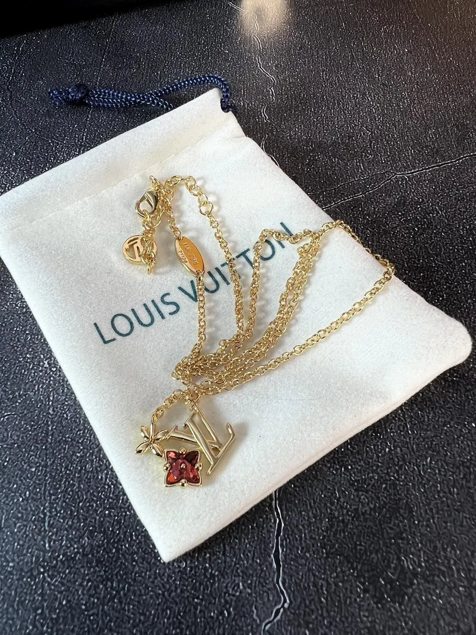 Louis Vuitton Gold Red Flower LV Necklace - Elegant Charm