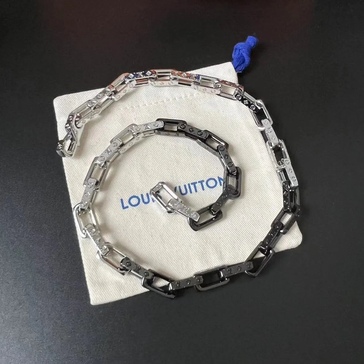 LV Silver Black Chain Necklace - LV Silver & Black Chain Link Necklace
