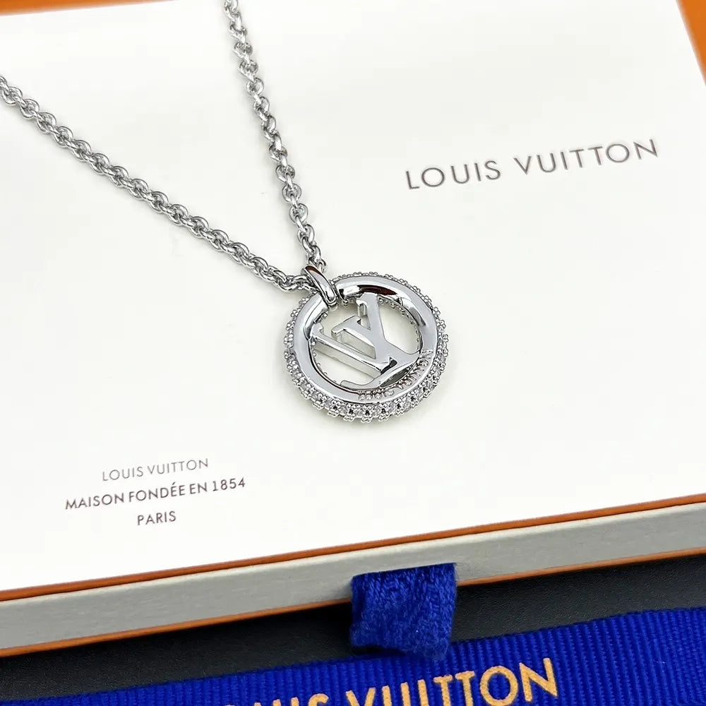 LV Silver Crystal Necklace - LV Silver Crystal Circle Pendant Necklace