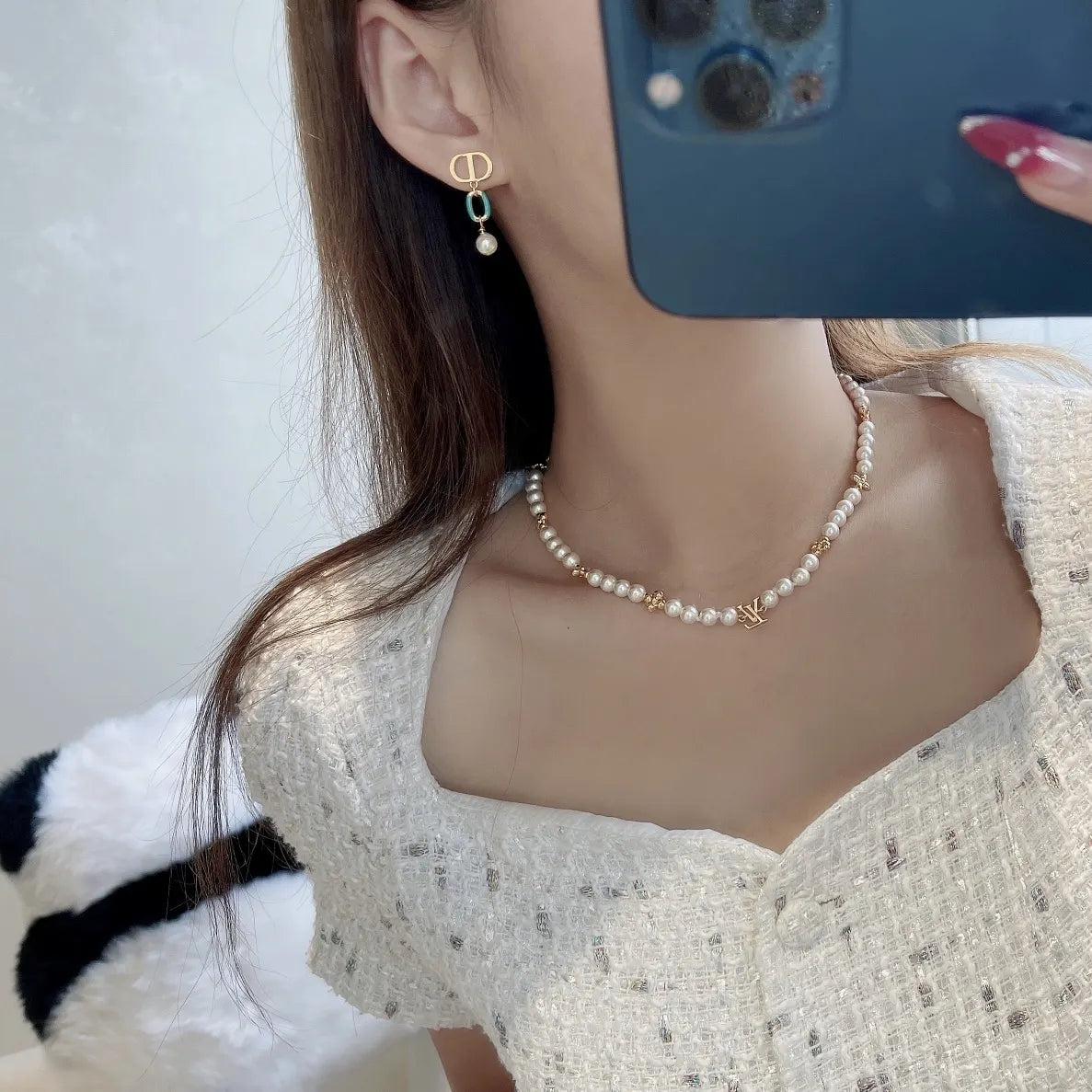 LV Pearl Necklace Gold Flower Accent - Designer Elegance