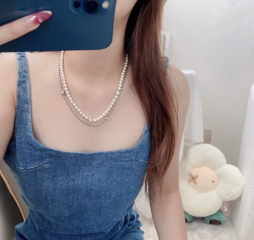 LV Silver Pearl Layered Necklace - Iconic Charm
