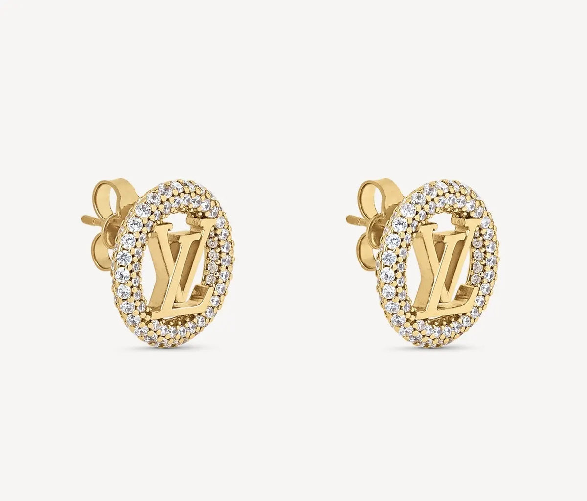 LV Gold-Tone Stud Earrings Paved Crystals - Designer