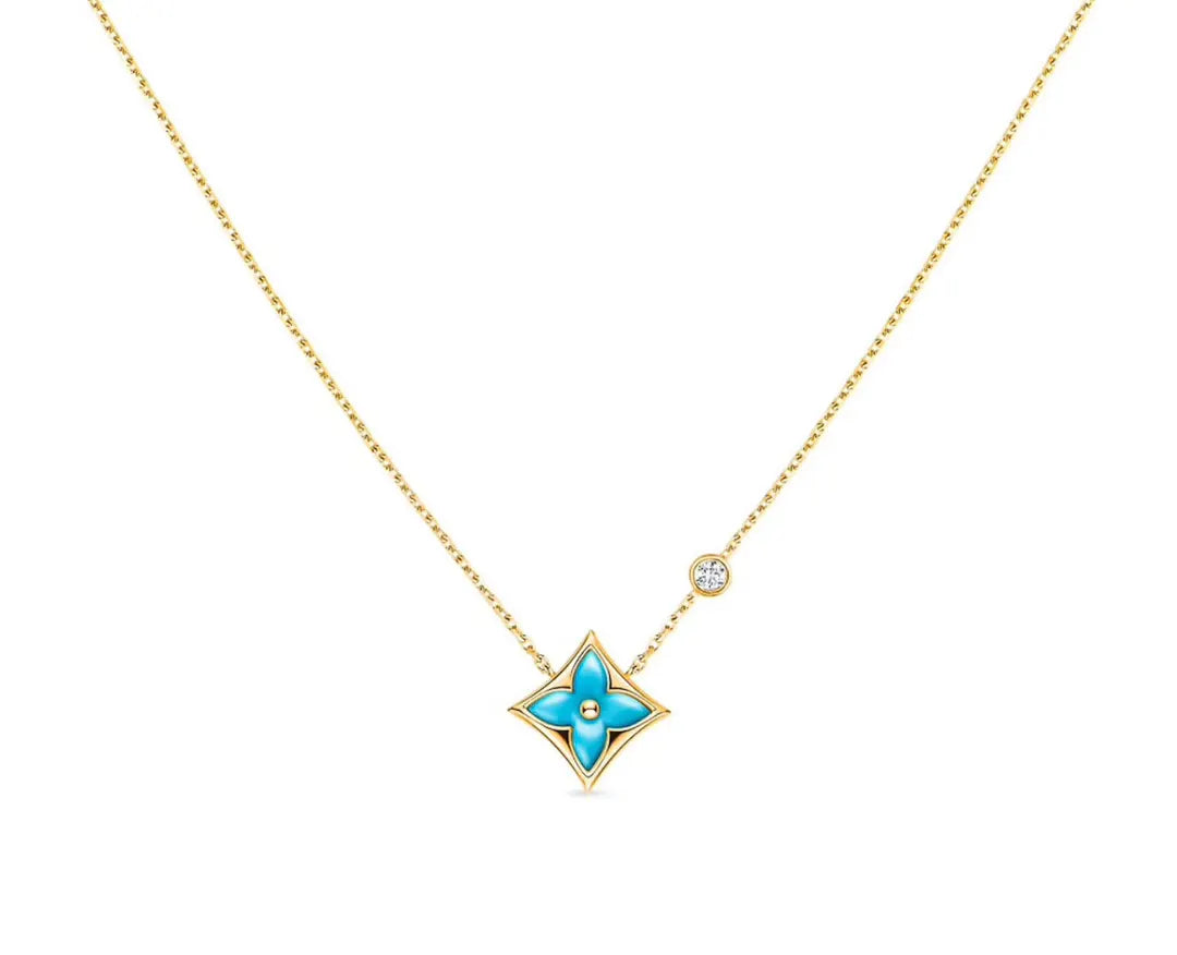 Louis Vuitton Turquoise Flower Necklace - Gold Chain Diamond Accent