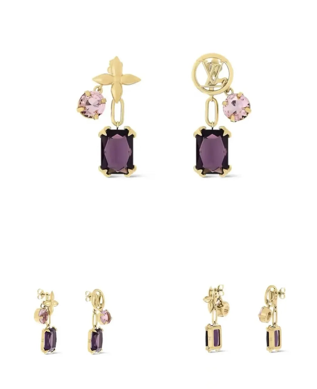LV Gold Tone Purple Crystal Earrings - Designer Drops