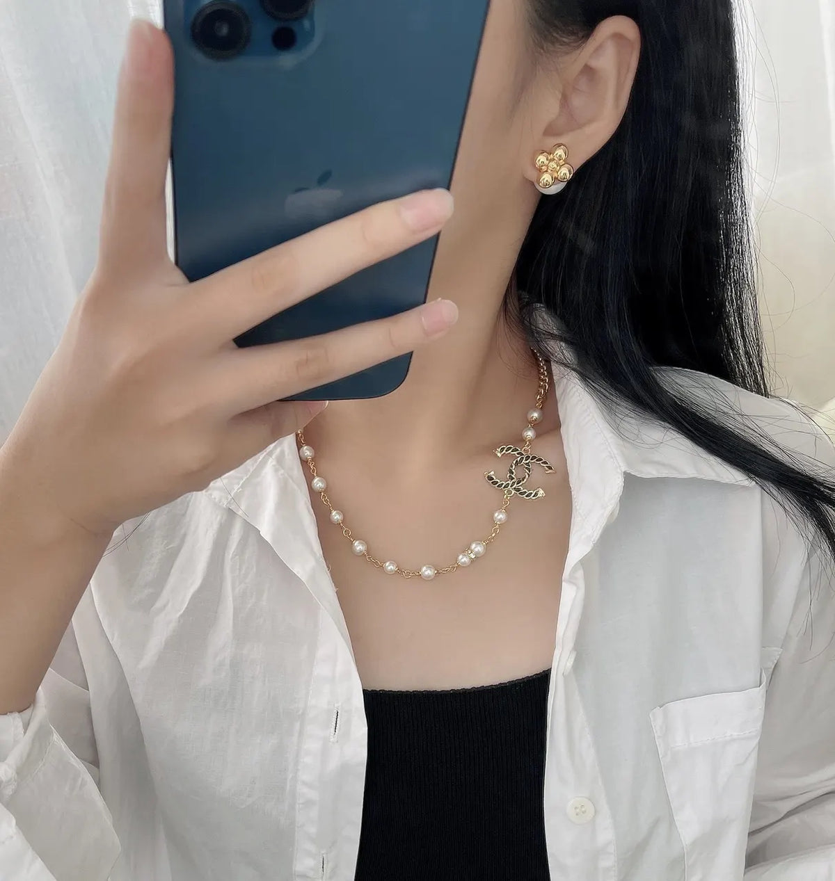 Chanel Black Enamel Pearl CC Necklace - Chic Elegance