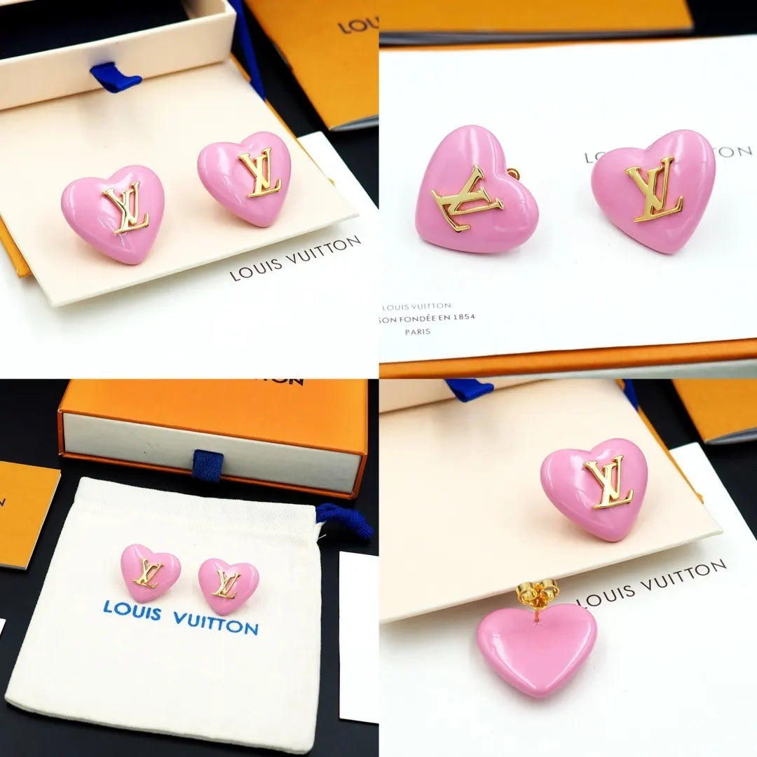 gold Louis Vuitton Pink Heart Earrings - Louis Vuitton Pink Heart