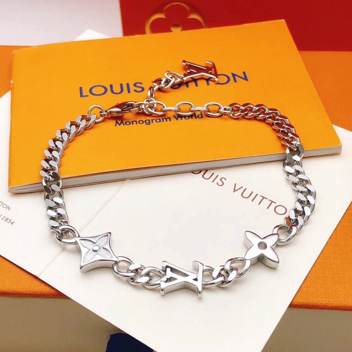 LV Monogram Silver Chain Bracelet - Premium Quality