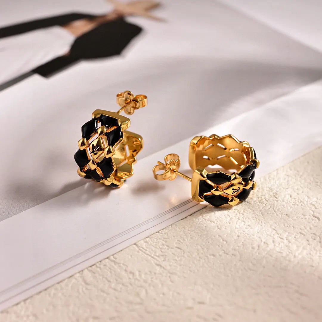 LV Gold & Black Enamel Hoop Earrings - Designer Jewelry