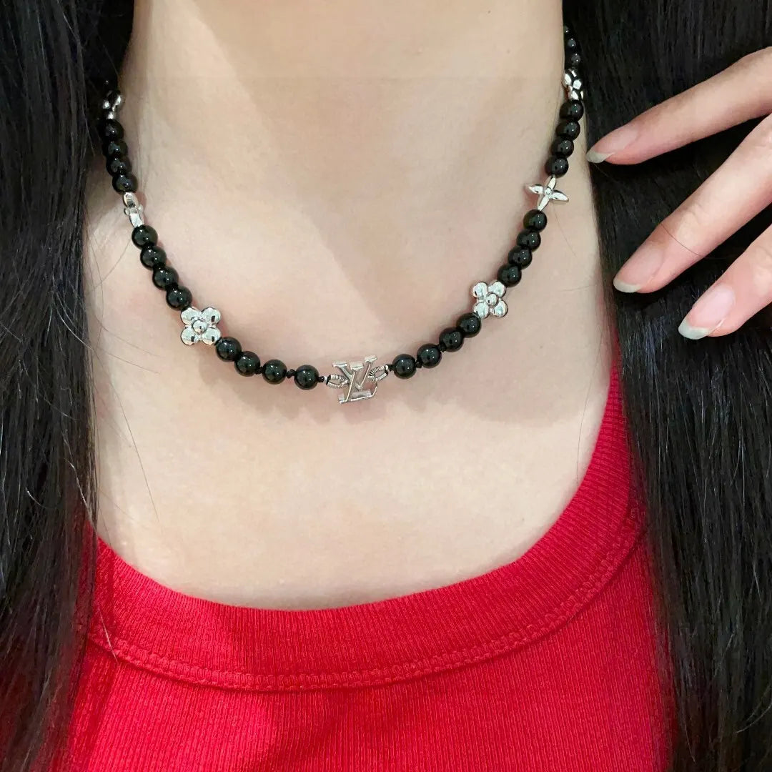 Louis Vuitton Black Beaded Silver Charm Necklace - Designer Style