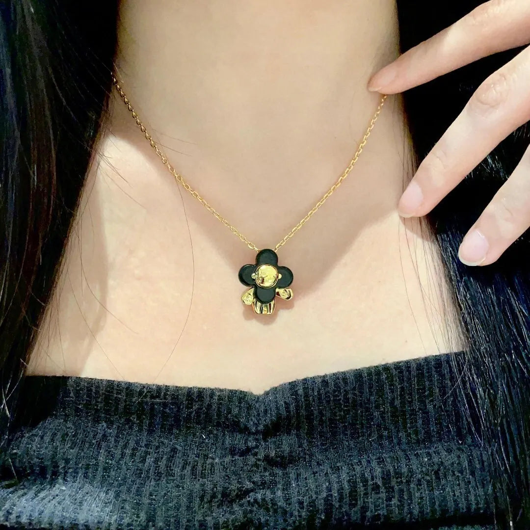 Black Flower Gold Chain Necklace - Chic Pendant
