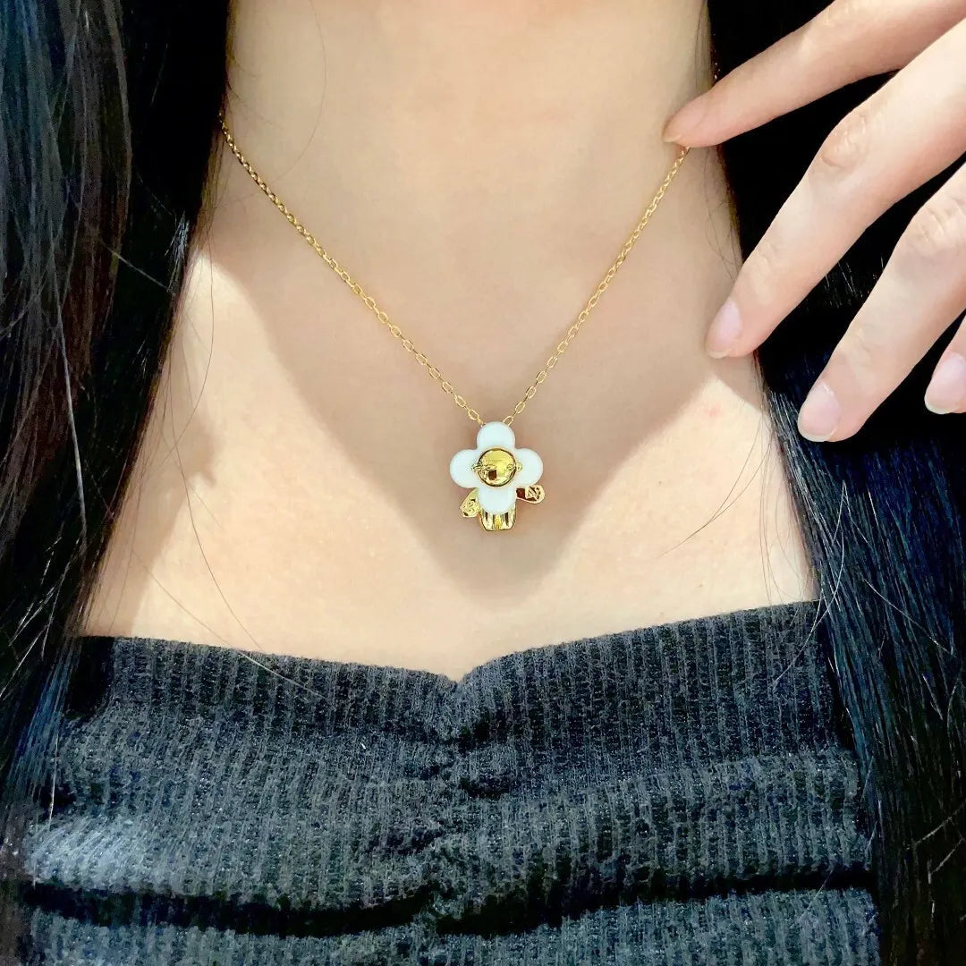 LV Flower White Gold Pendant Necklace - Designer Charm