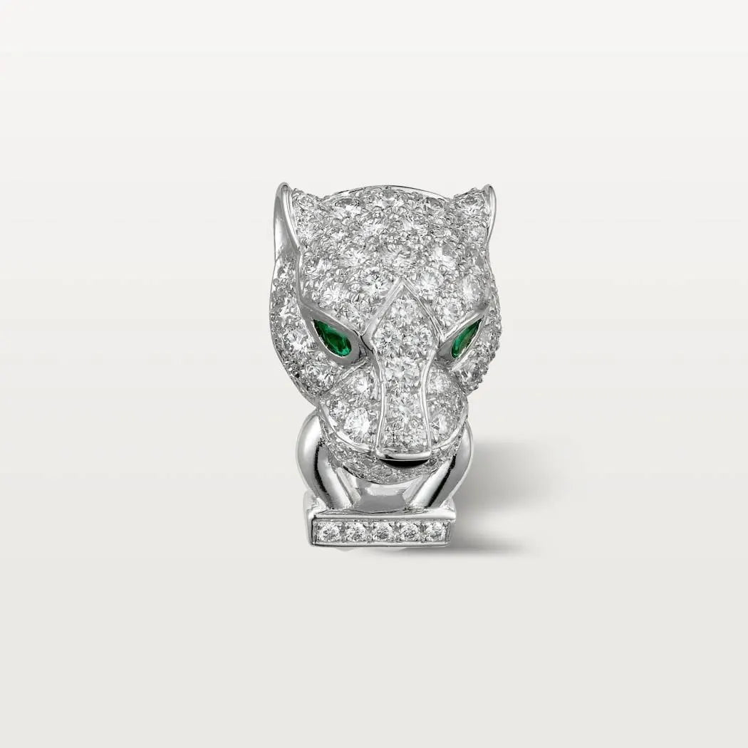 Cartier Diamond Panther Ring Emerald Eyes - Platinum