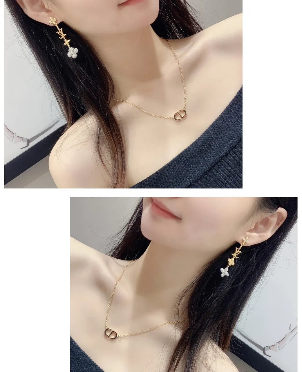 cd LV Gold Flower Drop Earrings - LV Gold Flower Drop Earrings & CD