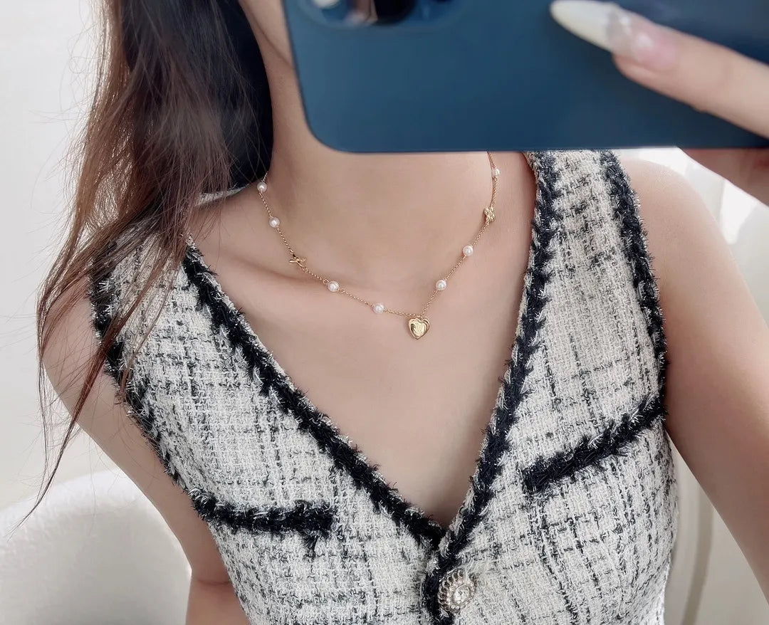 LV Golden Pearl Heart Necklace - Designer Charm