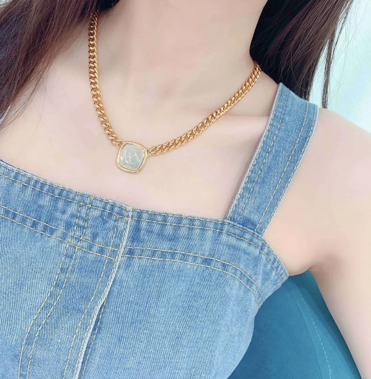 Louis Vuitton Gold Chain Necklace Square Pendant