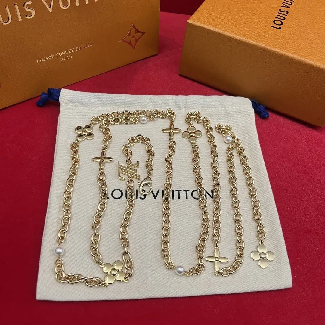 Louis Vuitton Gold Chain Necklace - Pearl Accents