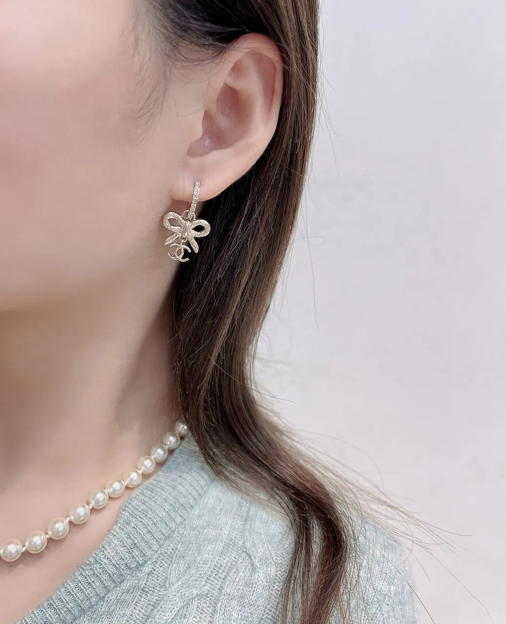 Chanel Gold Bow CC Earrings - Chanel Gold Bow CC Crystal Hoop Earrings
