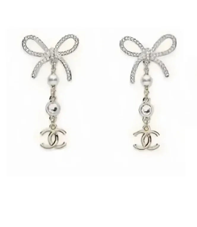 drop Chanel Silver Bow CC Earrings - Chanel Silver Bow CC Drop
