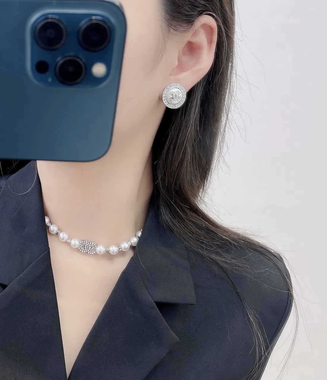 button Chanel Silver Crystal Earrings - Chanel Silver Crystal Button
