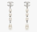 Chanel Silver CC Pearl Drop Earrings - Long Dangle