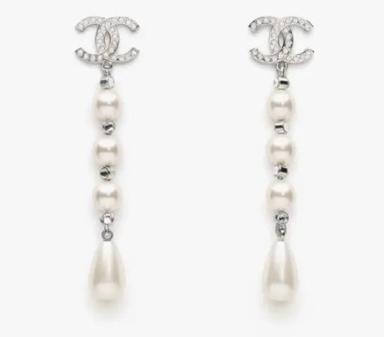 Chanel Silver CC Pearl Drop Earrings - Long Dangle
