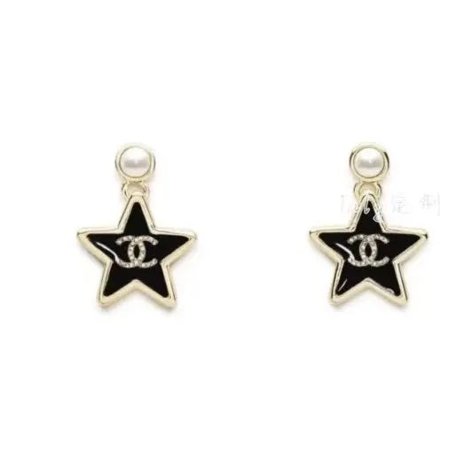 Chanel Star Black Enamel Pearl Earrings - Designer Studs