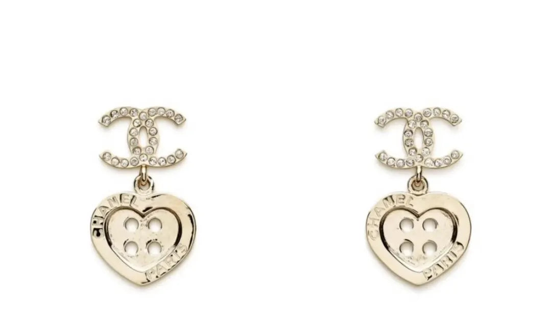 Chanel Gold Heart Button Earrings - Designer Dangle Earrings