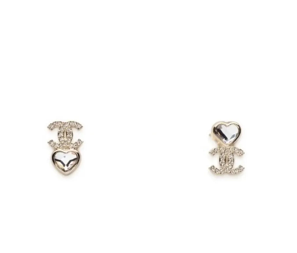 Chanel Silver Heart CC Crystal Earrings - Designer Studs