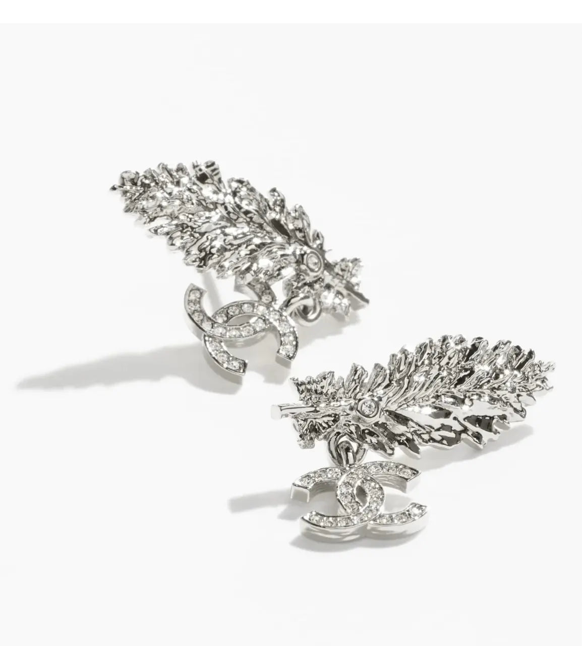 Chanel Silver Crystal Feather Dangle Earrings