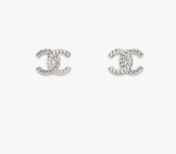 Chanel Silver Pearl CC Earrings - Chanel Silver Pearl CC Stud Earrings