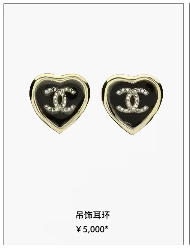 Chanel Black Heart Earrings Gold Trim CC Logo
