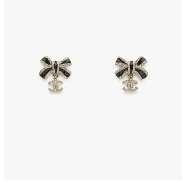 Chanel Ribbon CC Earrings - Black & Crystal Designer Jewelry