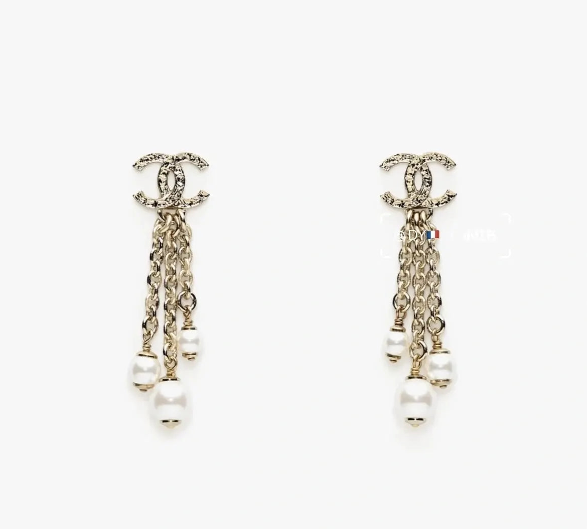 Chanel Gold Chain Pearl Earrings - Chanel CC Gold Chain Pearl Drop