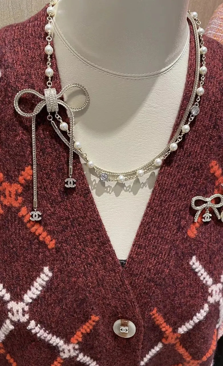 Chanel Silver Bow Pearl Necklace - Dazzling CC Charms