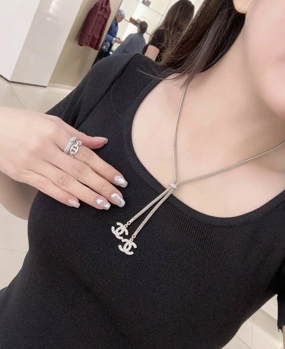 Chanel Silver Crystal Y Necklace - Chanel Silver Double CC Crystal Y