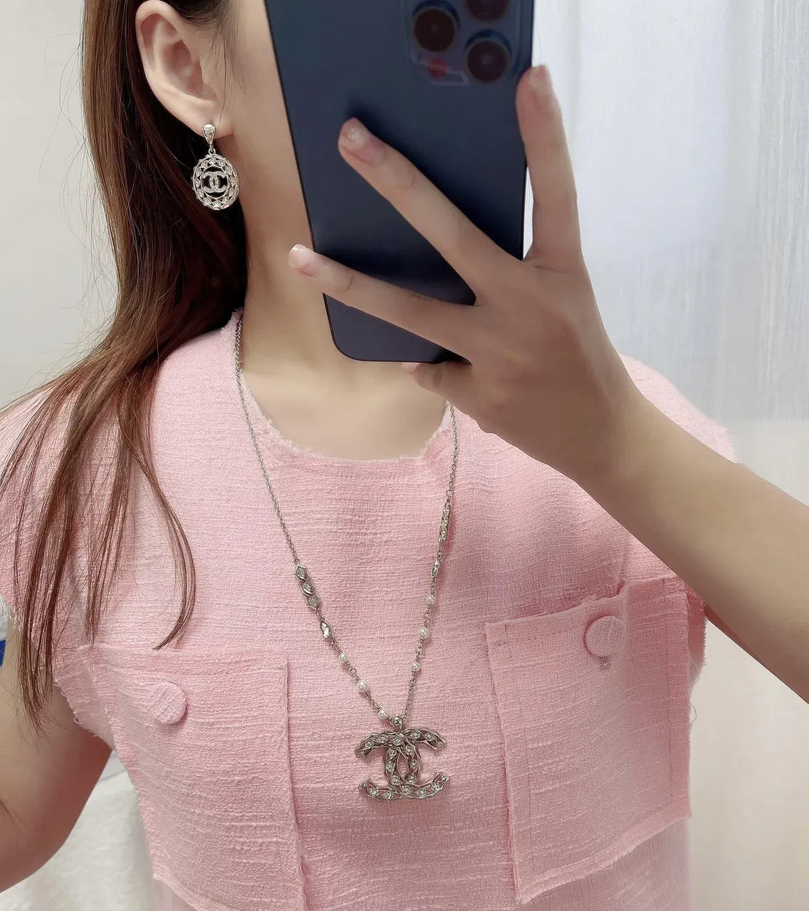 Chanel Silver Crystal CC Necklace - Elegant Pendant