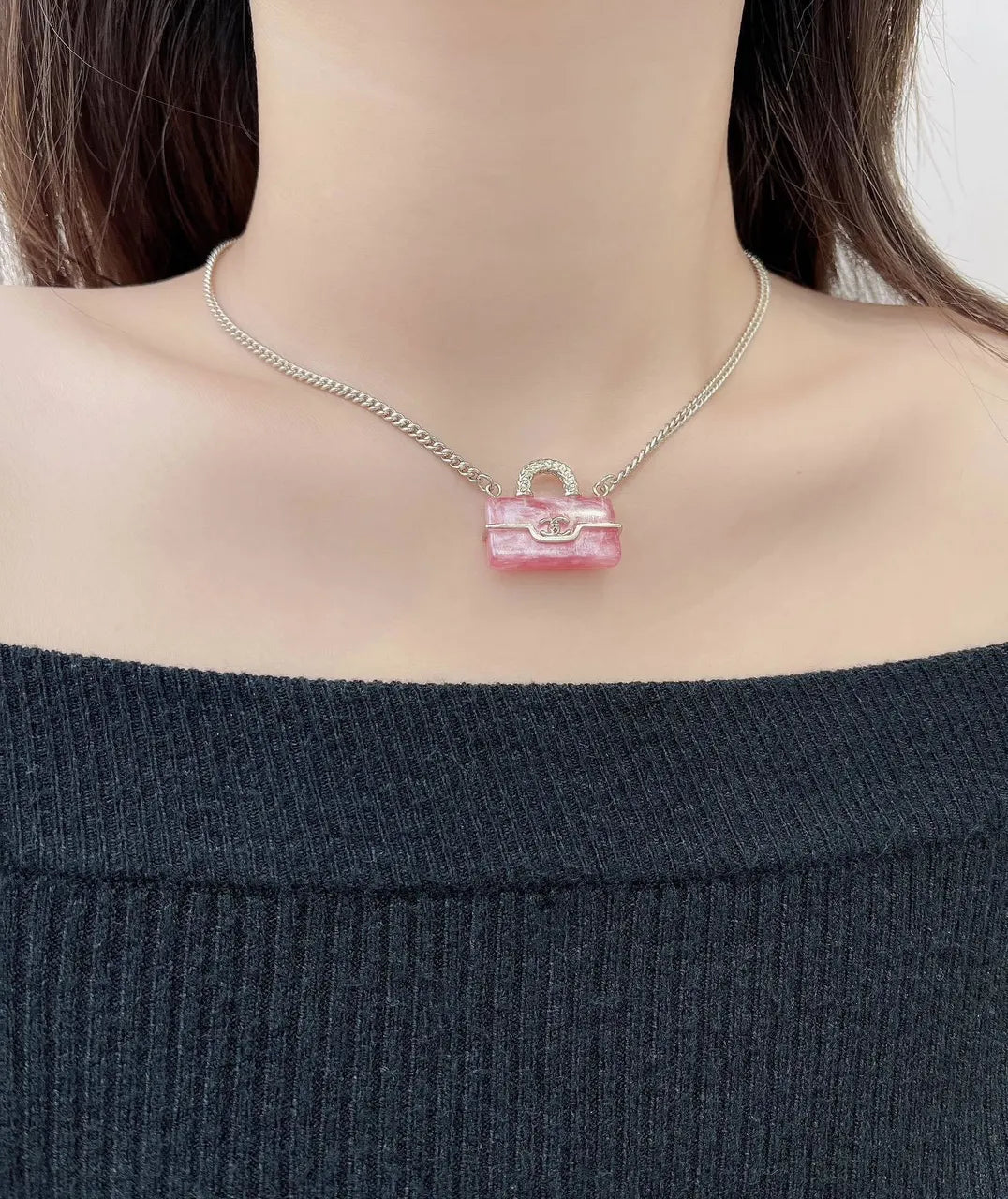 Chanel Pink Mini Bag Necklace - Silver Chain
