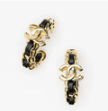 Chanel Gold Black Leather Hoop Earrings - Chanel Gold & Black Leather