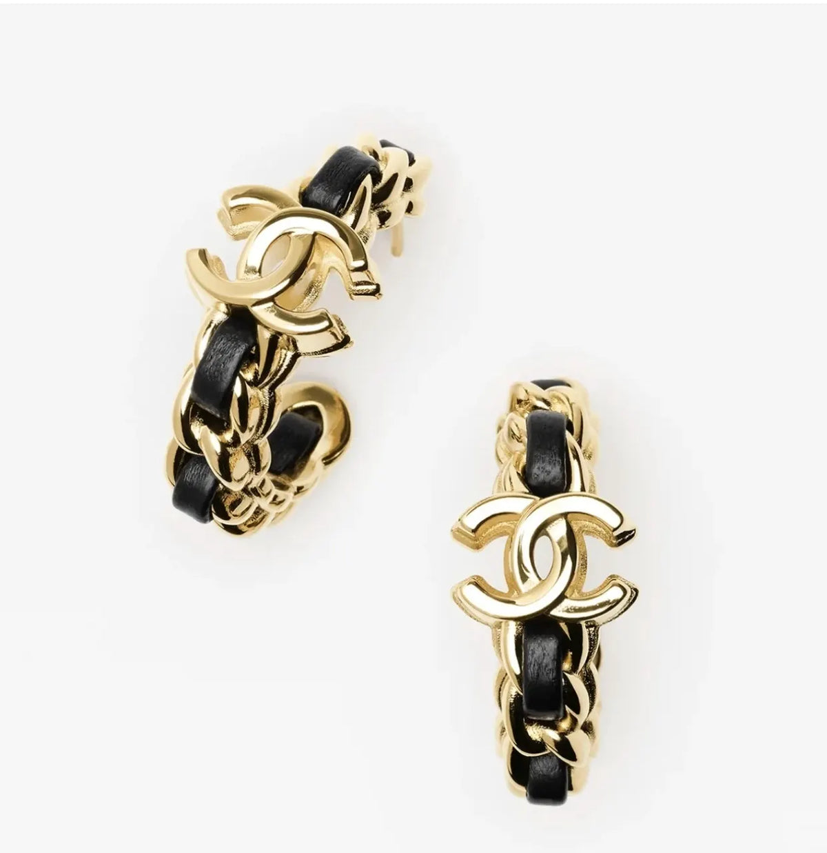 Chanel Gold Black Leather Hoop Earrings - Chanel Gold & Black Leather