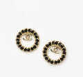 Chanel Gold Chain Hoop Earrings - Black Leather Detail