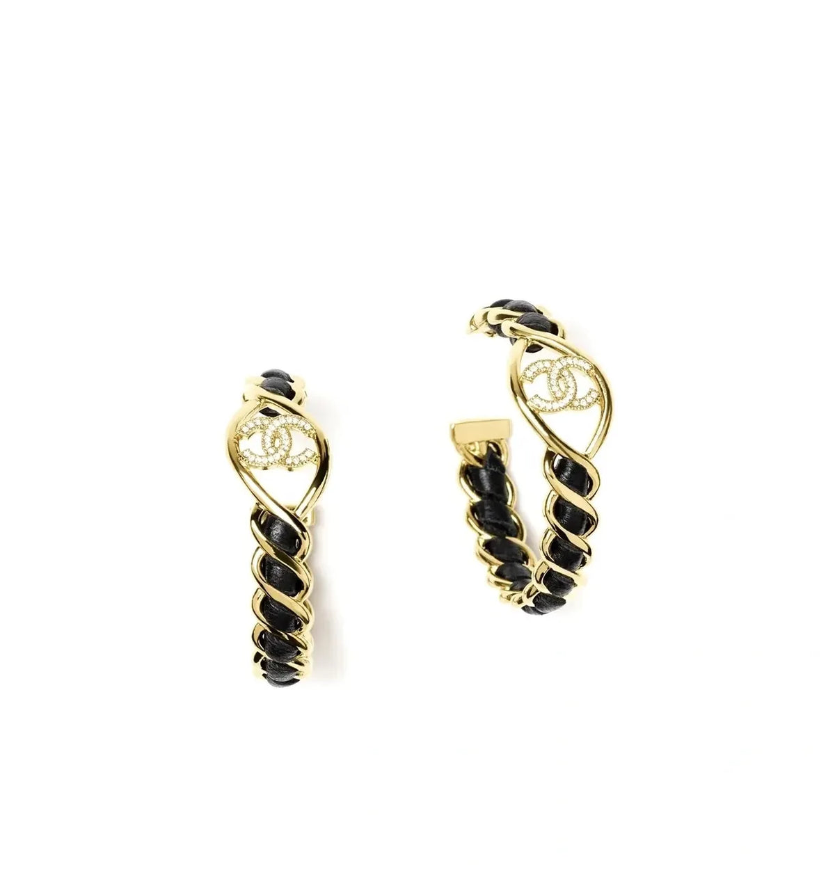 Chanel Gold & Black Leather Hoop Earrings - Designer Chic