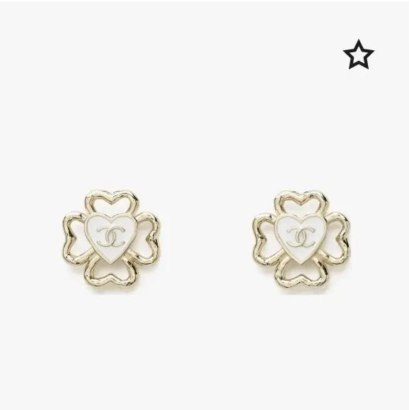 Chanel Clover Heart Earrings - Gold & White Designer Studs